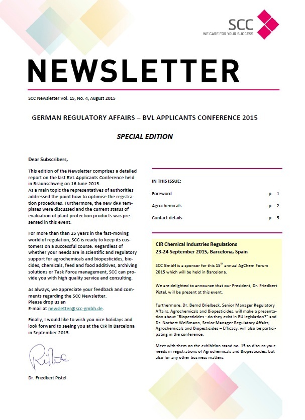 Vol. 15, No. 4 - SCC Newsletter August 2015 / Special Edition: BVL Applicants Conference 2015